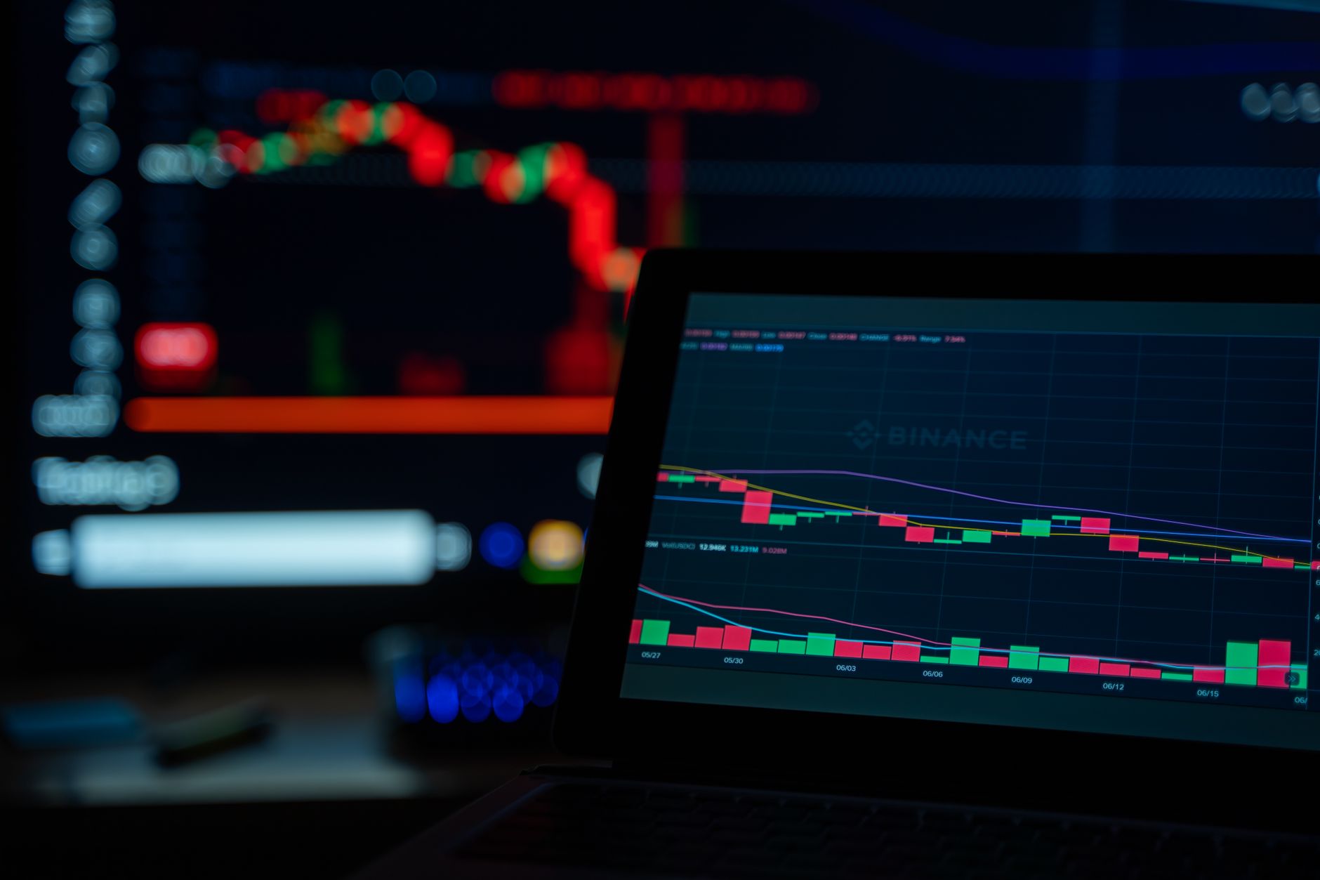 A dimly lit desk setup displaying cryptocurrency trading charts on multiple screens