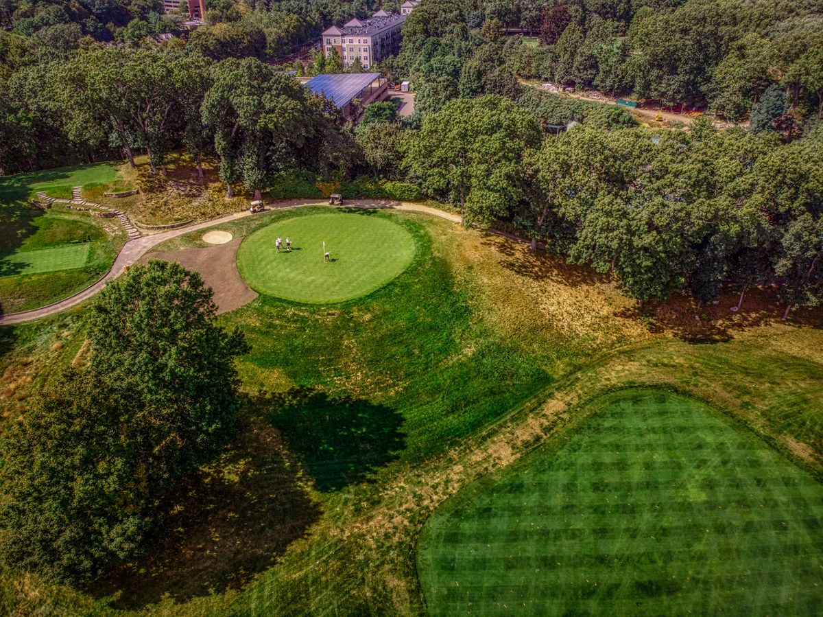 Aerial view of a golf course green with players and surrounding trees