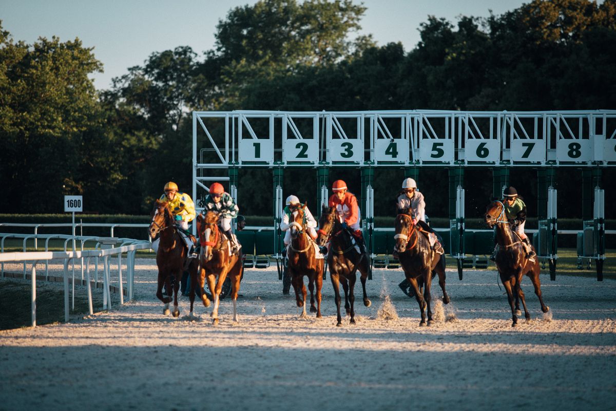 Jockeys on horseback racing out of the starting gates on a dirt track
