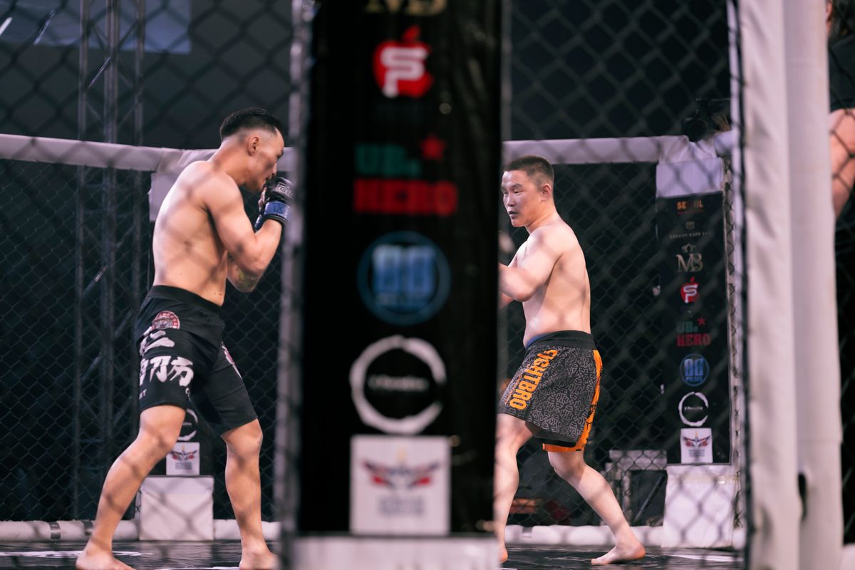 Two fighters competing in the octagon during an MMA bout