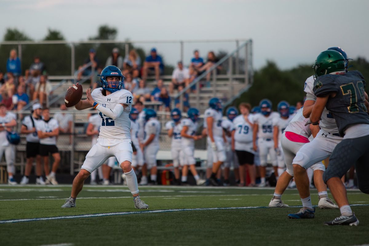 Quarterback preparing to throw a pass during an outdoor American football game