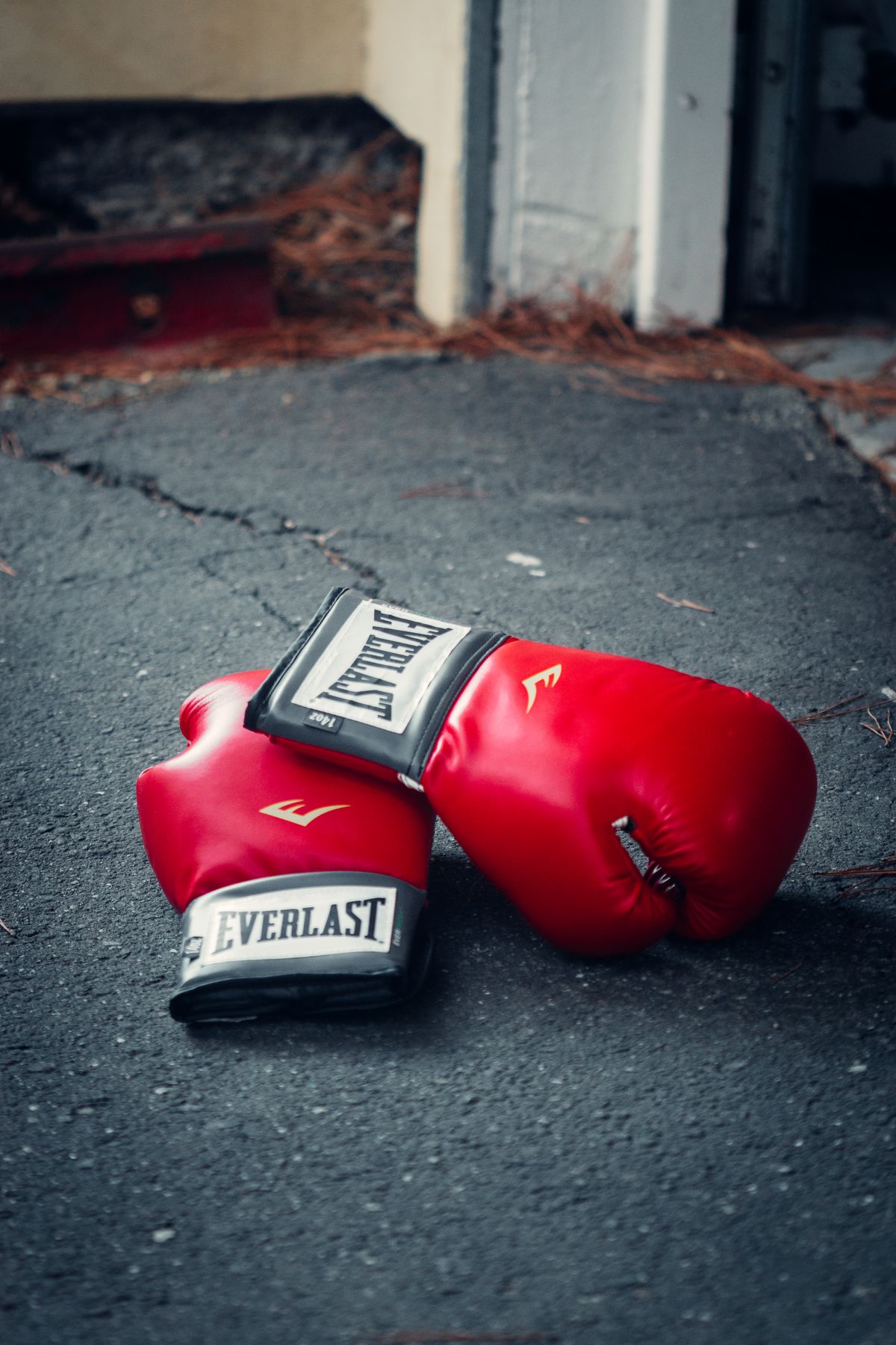 Pair of red boxing gloves resting on cracked asphalt